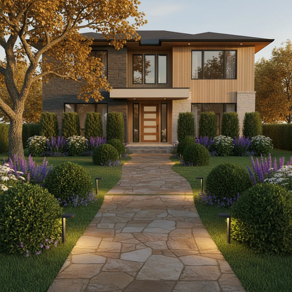 front yard landscaping with walkway lighting and balanced plants improving curb appeal
