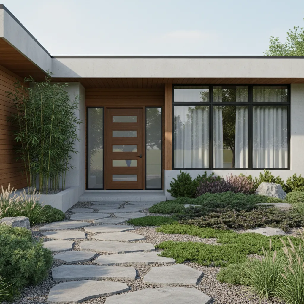 landscaping design balancing an off center front door with plants and pathway