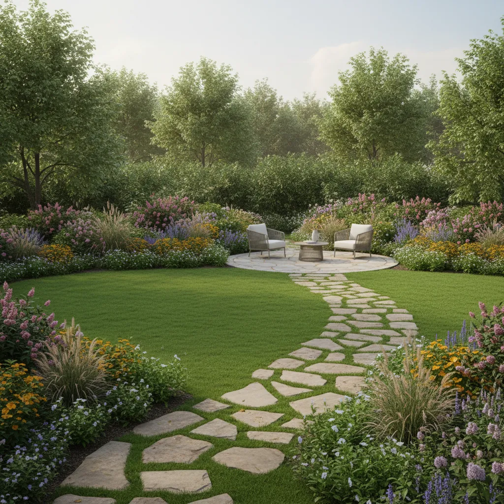 Residential backyard landscaping with garden beds lawn and pathways
