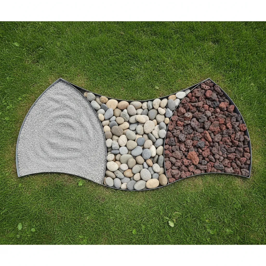 Comparison of gravel, river rock and lava rock sizes used in landscaping beds