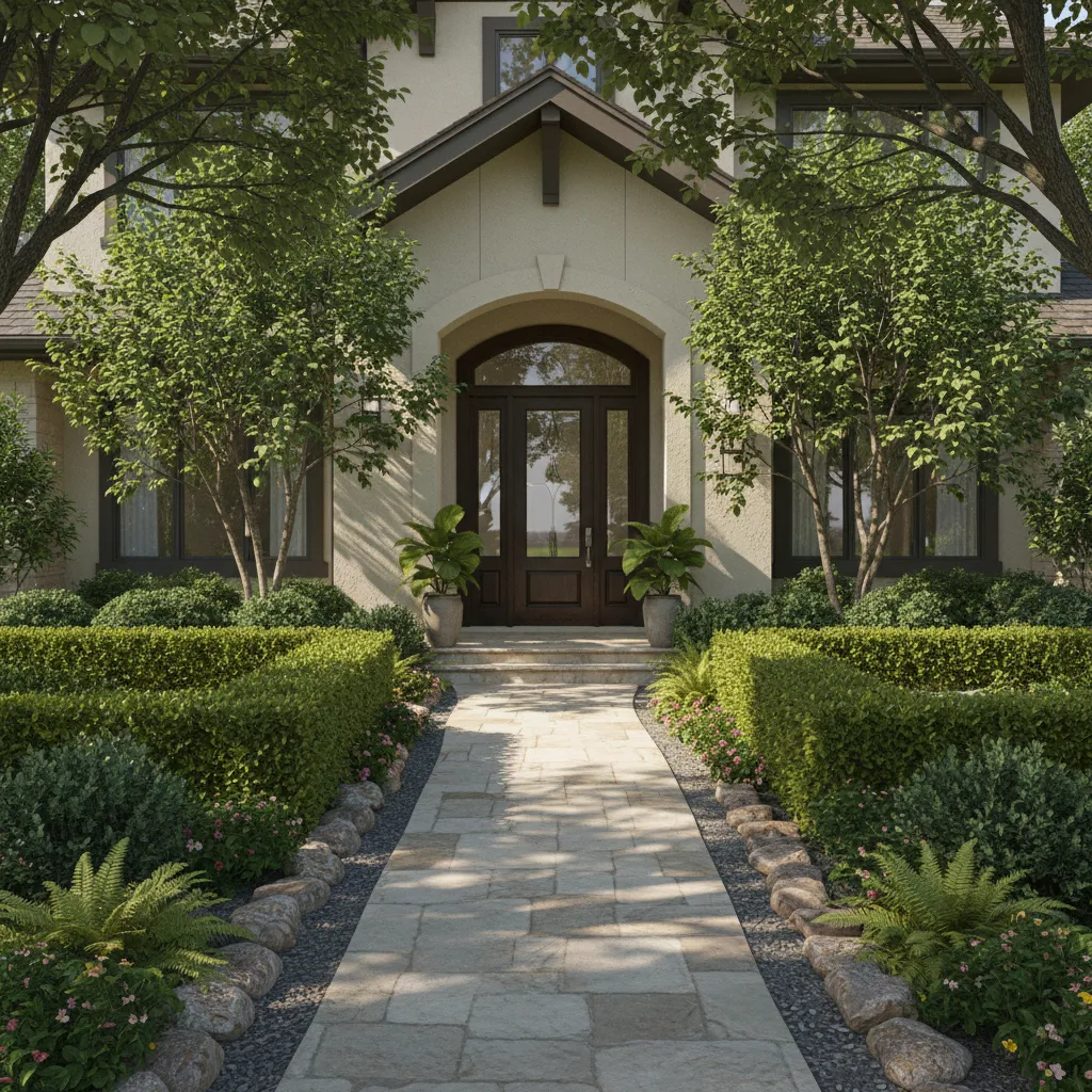 Landscaping with trees and hedges creating shade and privacy for an east-facing front door