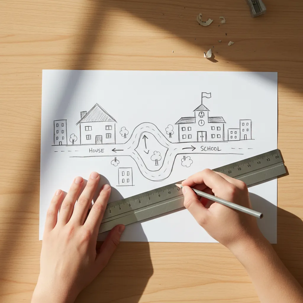 Hand drawing a simple map on paper showing the road between house and school building