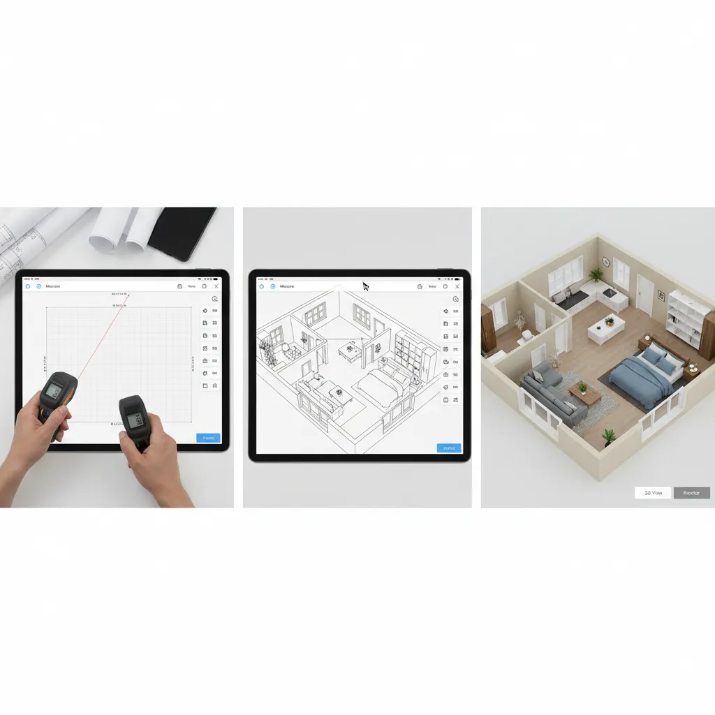 Steps showing digital measurement house line drawing and 3D room layout on three tablet screens