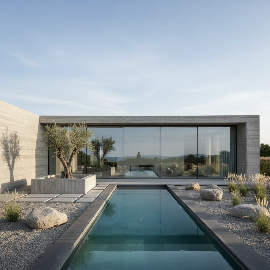 Piscina rectangular estrecha en casa moderna minimalista
