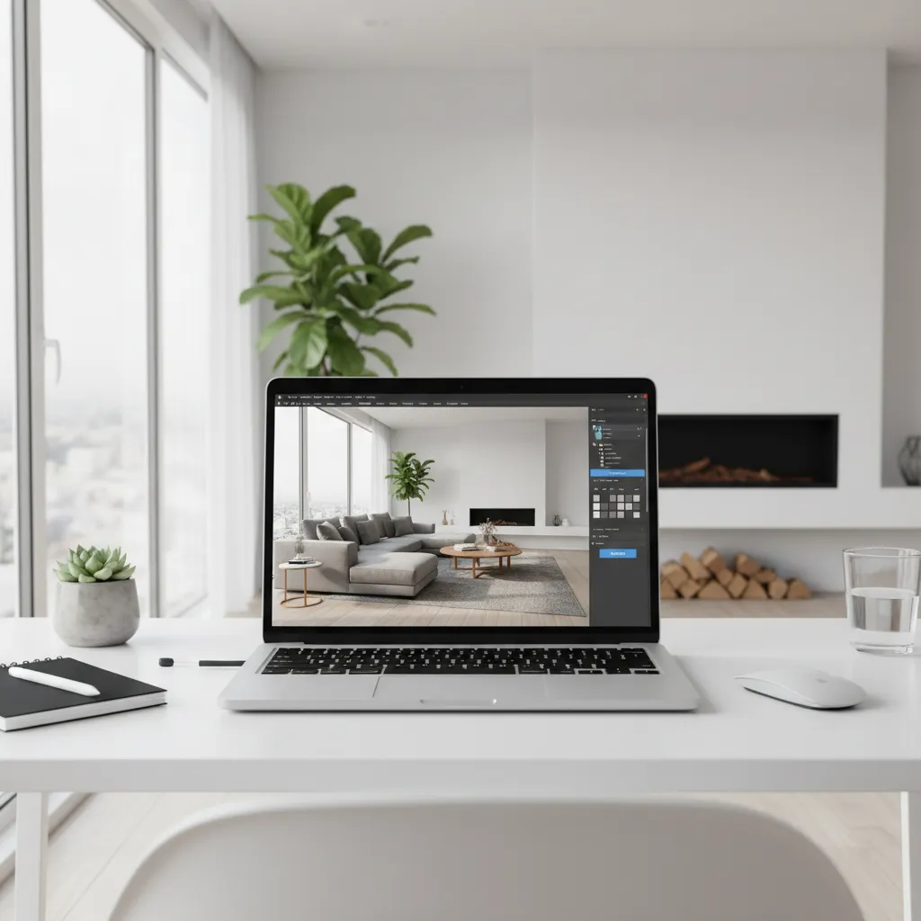 Portátil mostrando un render 3D de un salón moderno