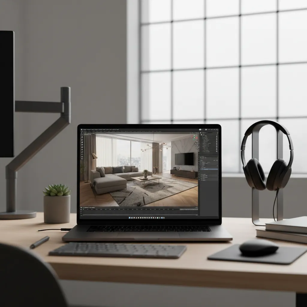 Laptop rendering a complex Blender interior scene on a designer desk