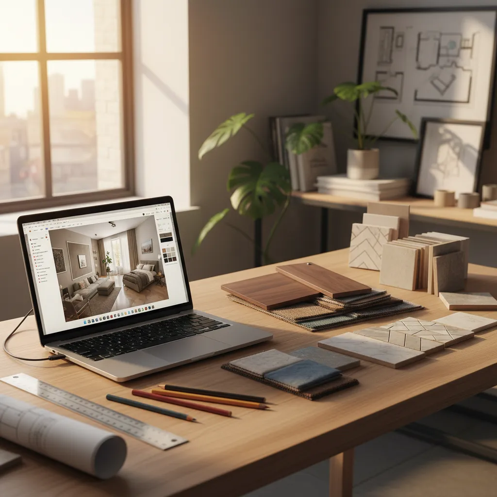 Estudio de diseño con portátil potente y proyecto de interiorismo abierto