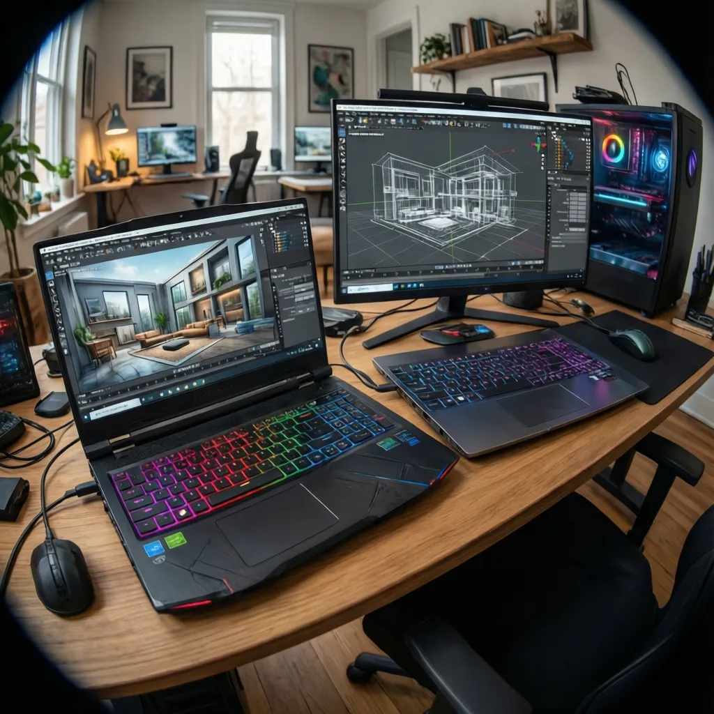 Gaming laptop and desktop monitor displaying interior design drawings on wooden desk in home office