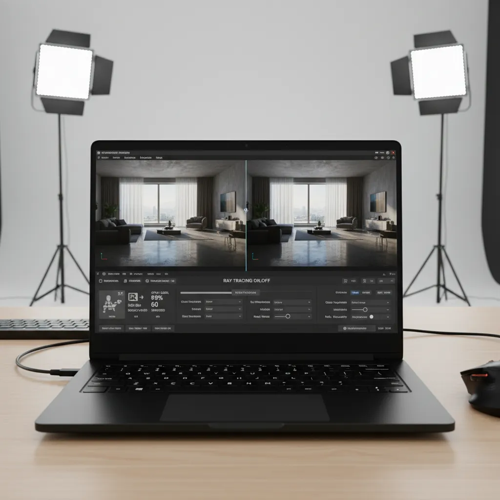 Comparison of laptop GPUs rendering a 3D scene faster with RTX acceleration
