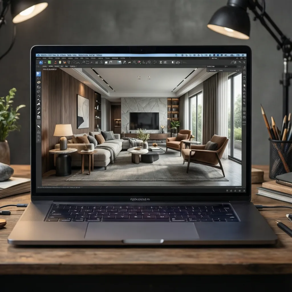 Laptop showing interior design software with modern living room layout including sofa and two leather seats