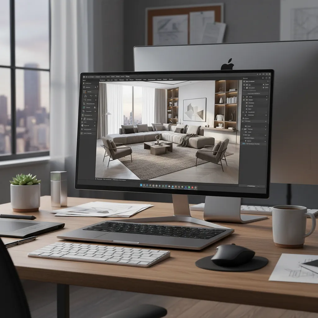 Computer monitor on wooden desk showing interior design drawing of living room with large grey sofa