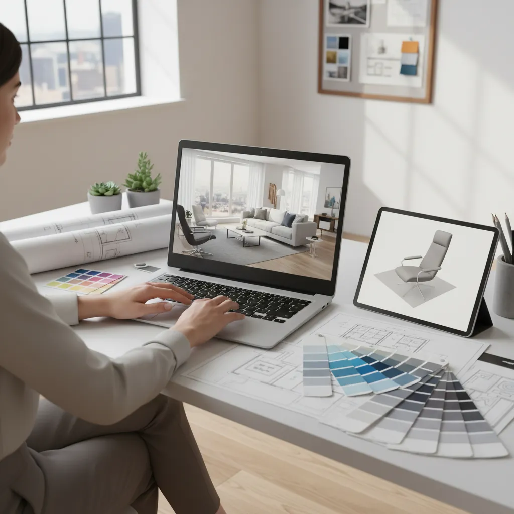 Diseñador trabajando en portátil con render 3D de salón moderno