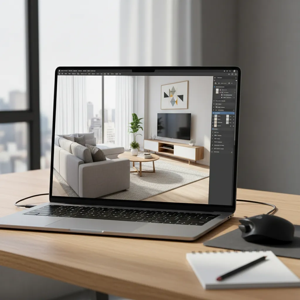 Portátil mostrando renderizado 3D de un salón moderno