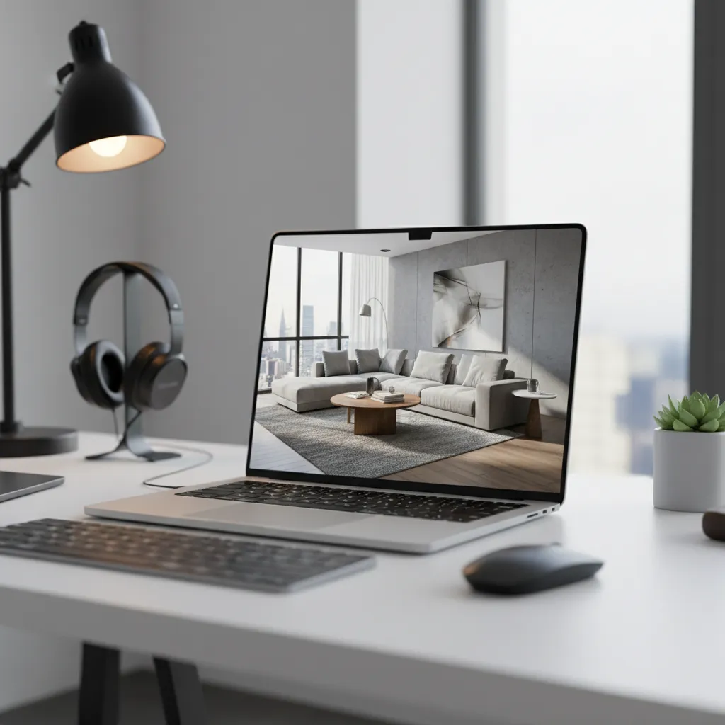 Portátil mostrando renderizado 3D de una sala moderna