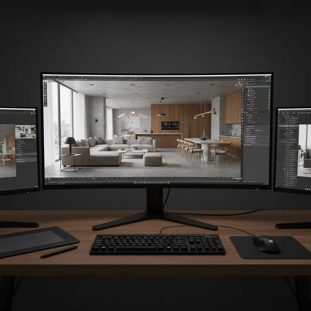 Complex architectural 3D scene demonstrating heavy memory usage during rendering