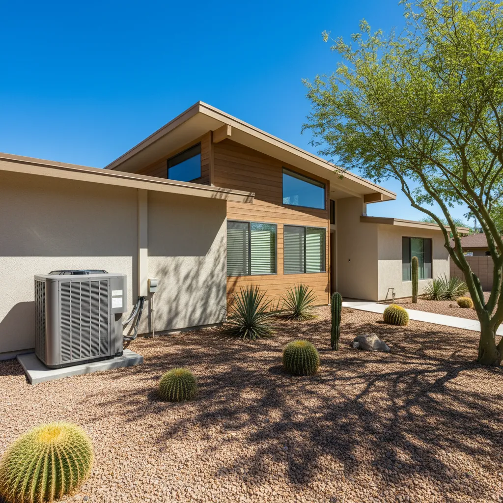 Large outdoor AC condenser next to a house in a hot sunny climate