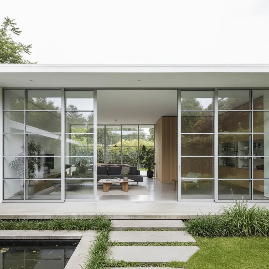 Modern house exterior with large glass sliding doors showing a living room and green garden