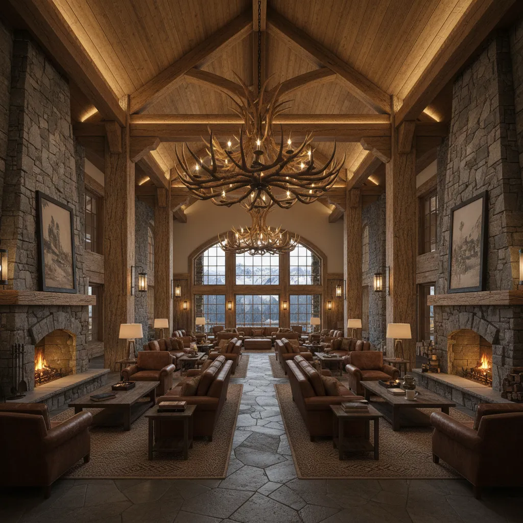Massive elk antler chandelier hanging in resort lodge lobby