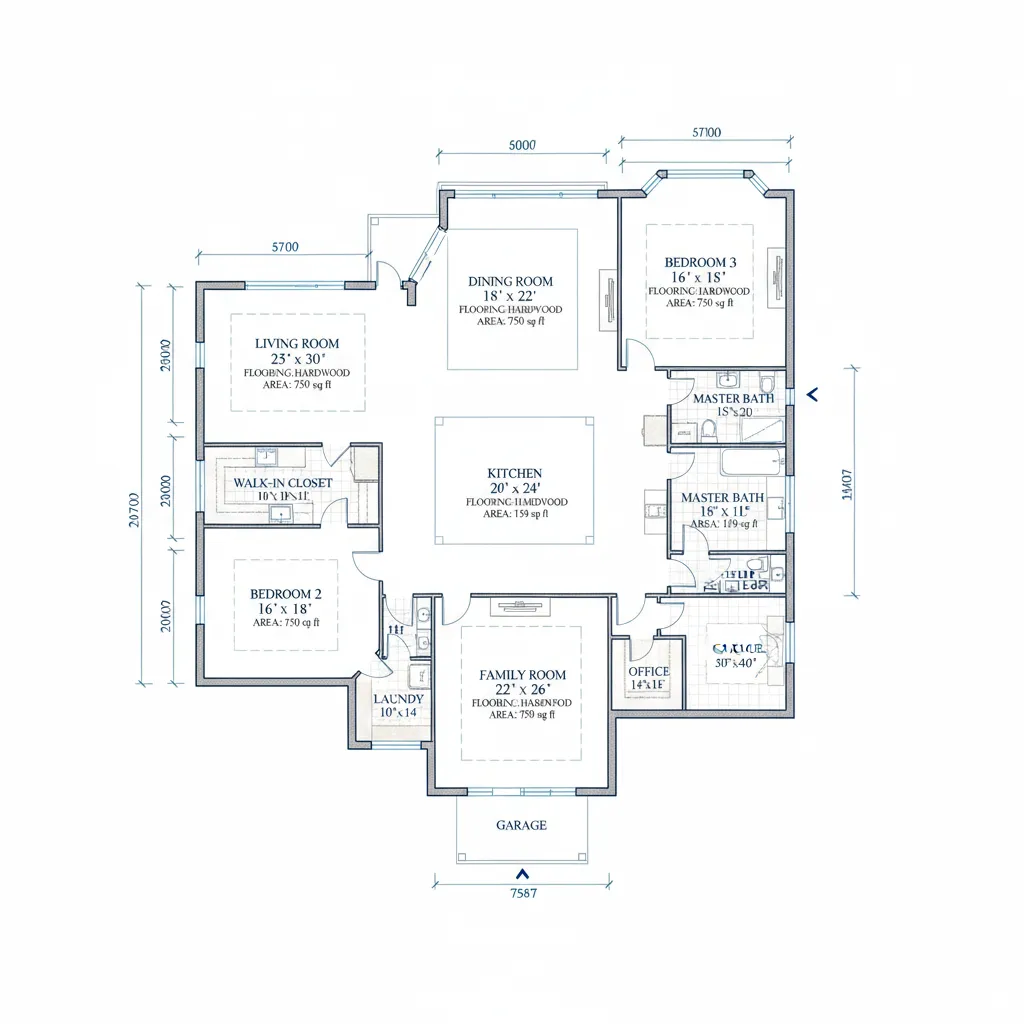 large house floor plan showing area calculations for flooring estimates