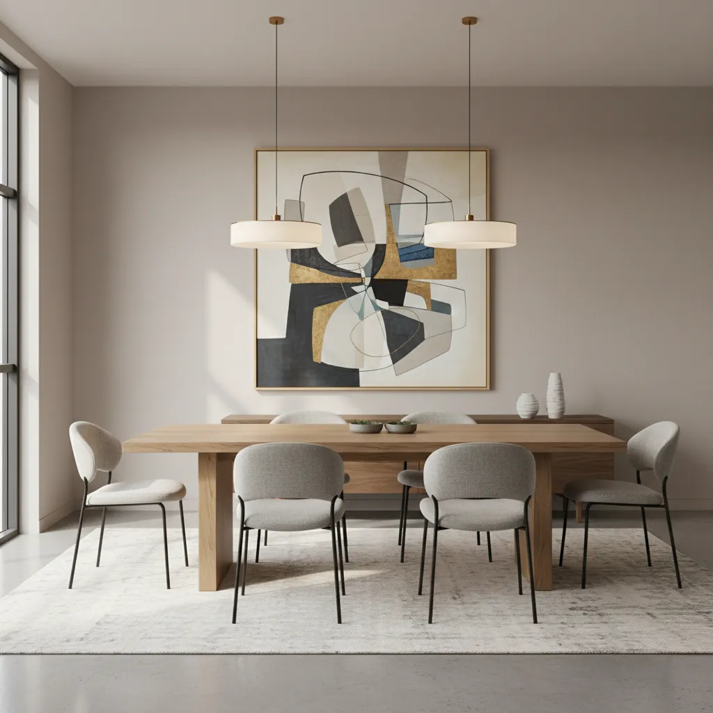 Dining room with oversized abstract artwork above table
