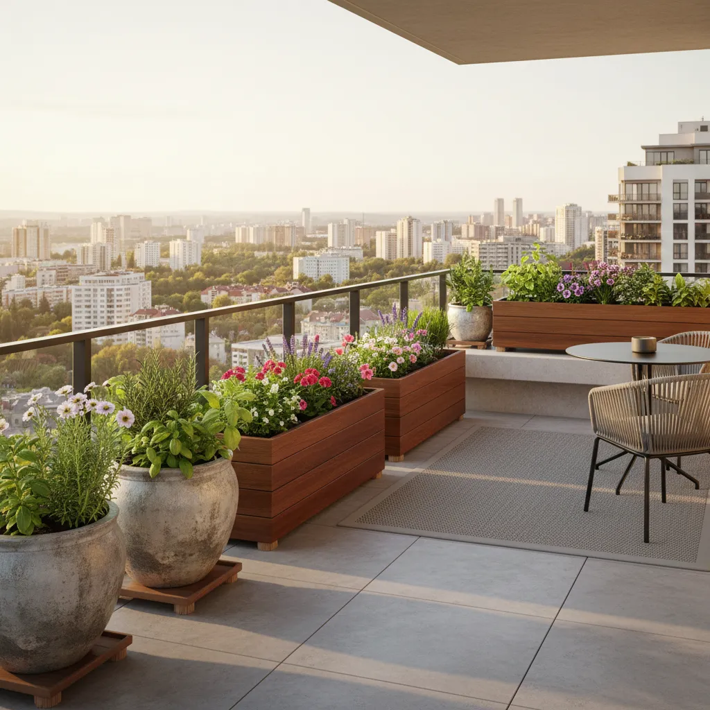 Large balcony containers with healthy plants and proper drainage