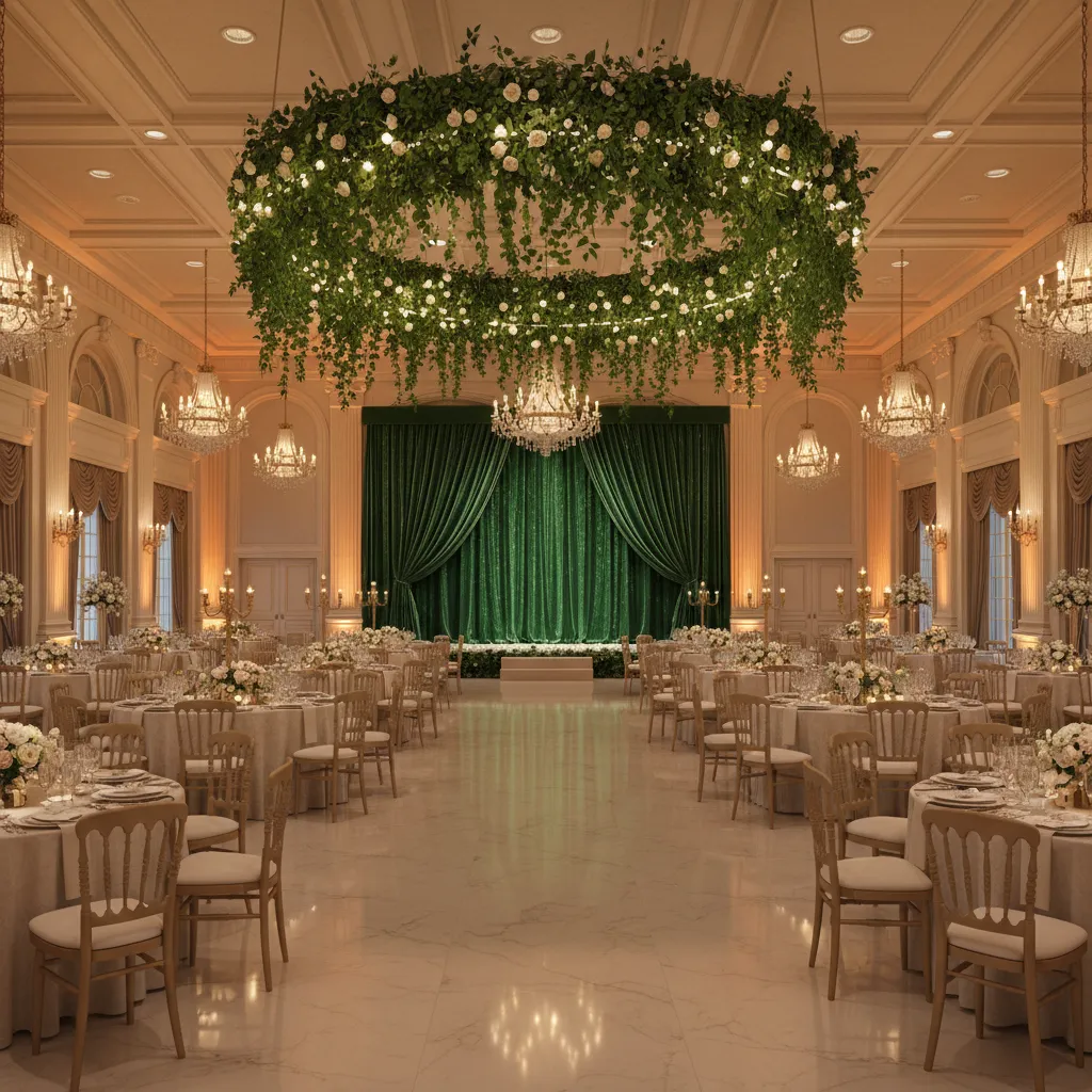 Large ballroom with emerald stage backdrop and hanging greenery decor