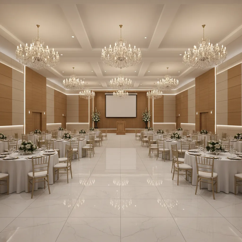 Large banquet hall interior showing durable flooring and professional event space materials