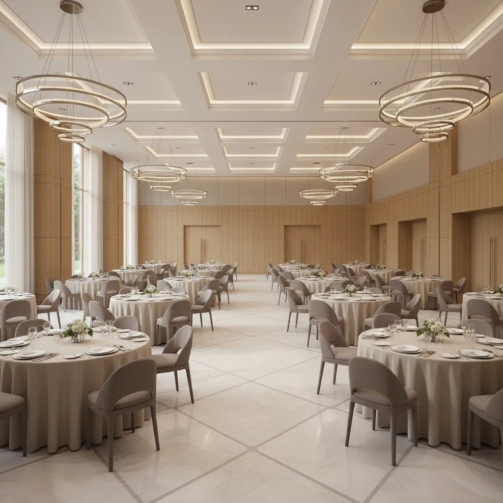 Large banquet hall interior with textured flooring and safe circulation layout