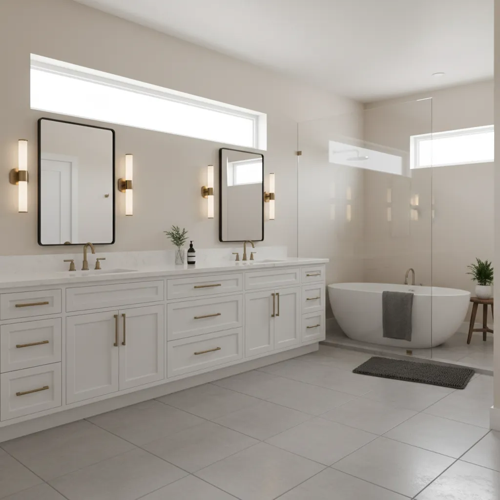 Large bathroom with double sink vanity built from kitchen cabinets