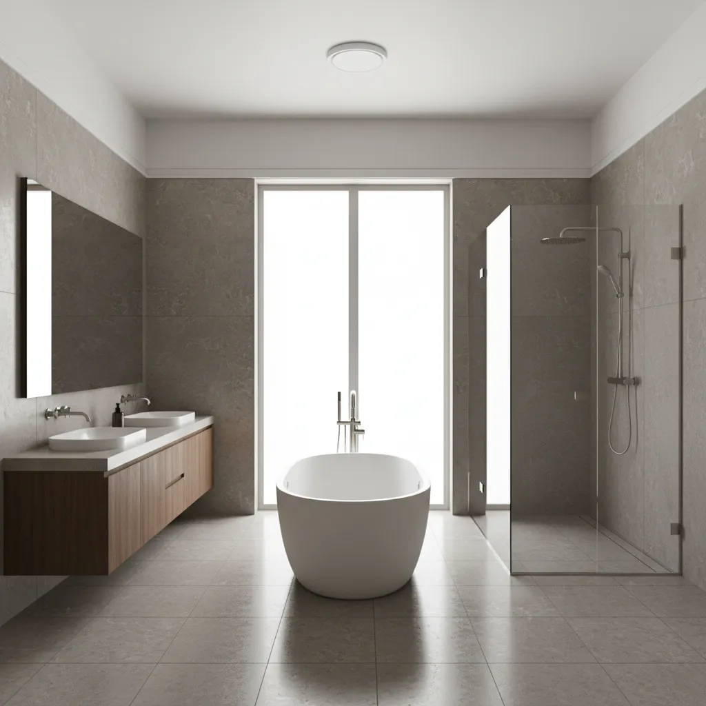 Large luxury bathroom with shower and bathtub requiring higher CFM ventilation