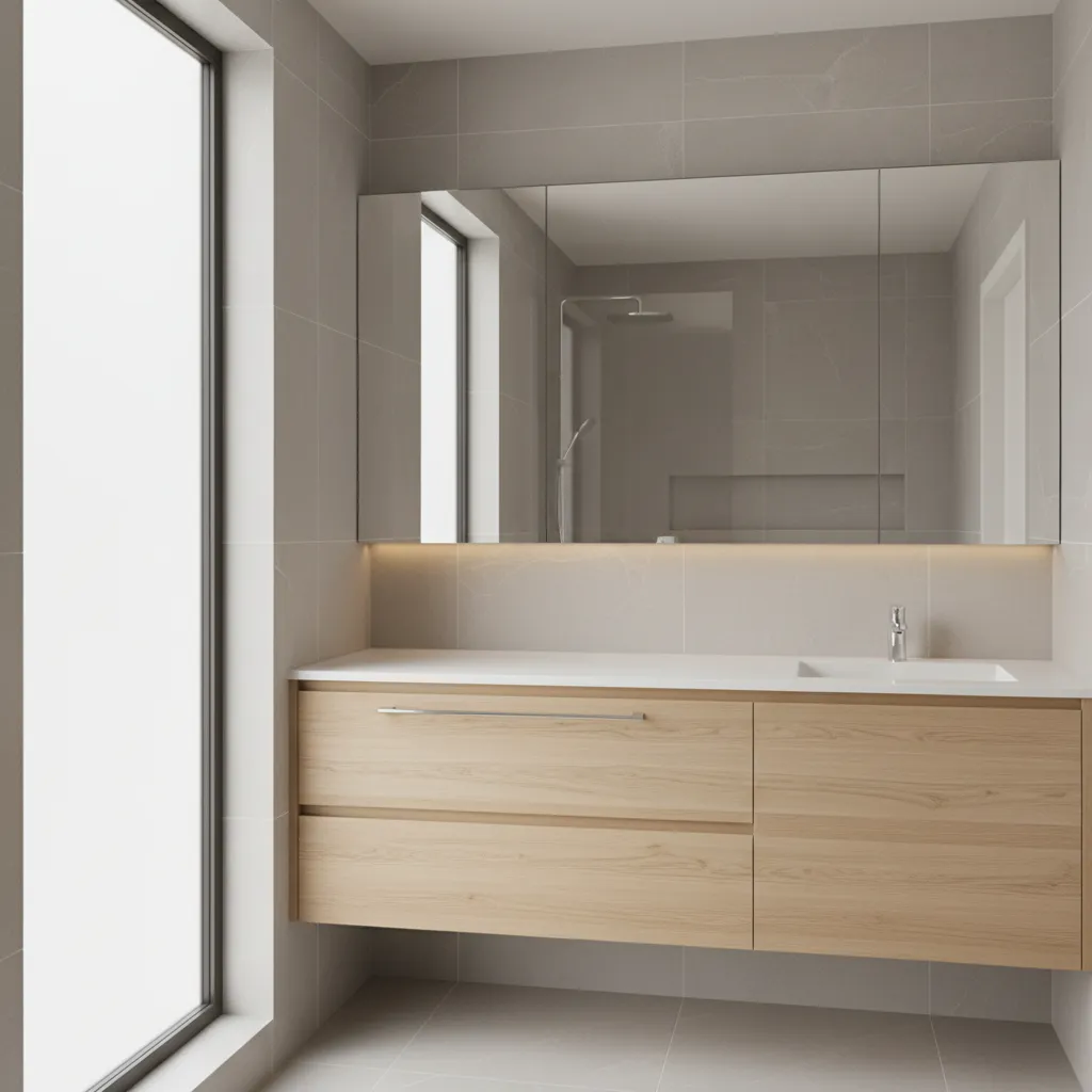Wide vanity mirror making a small bathroom appear larger