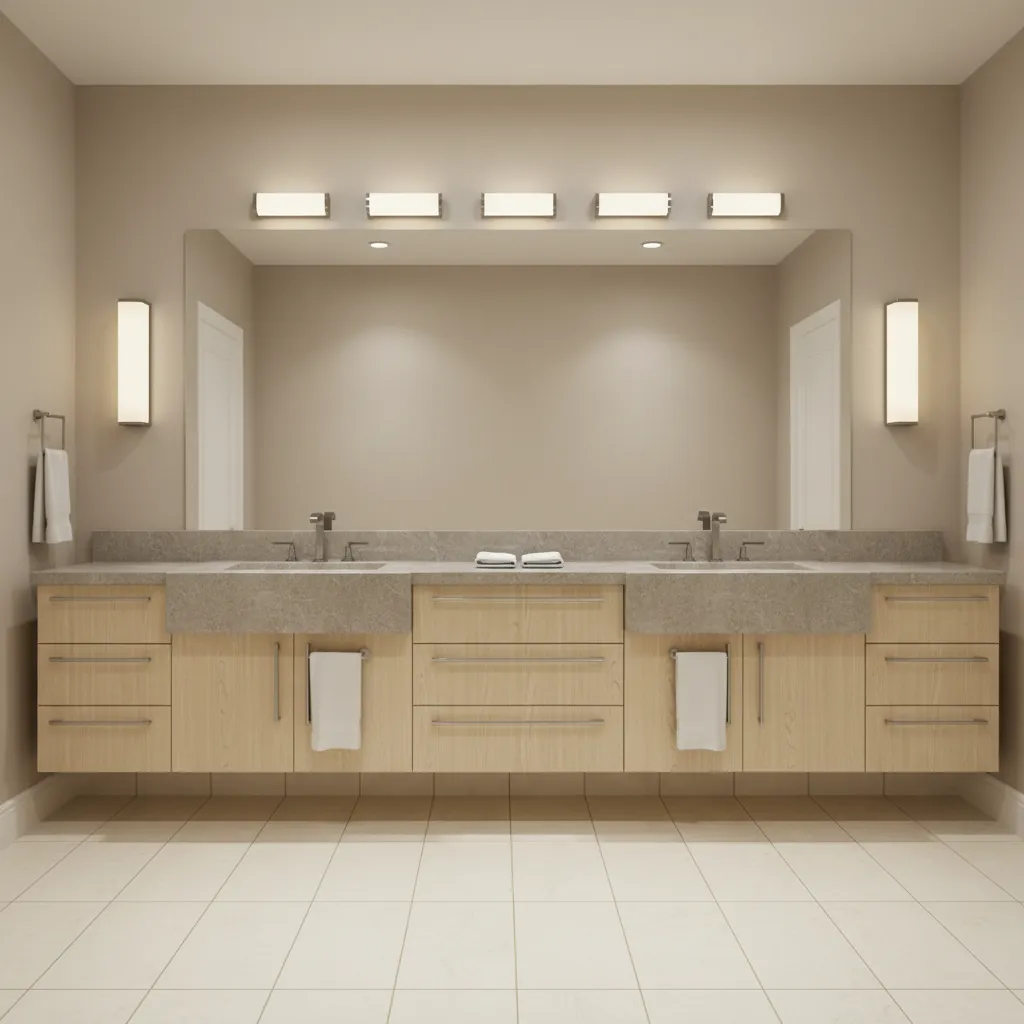 large double vanity mirror with multiple lighting fixtures for even illumination