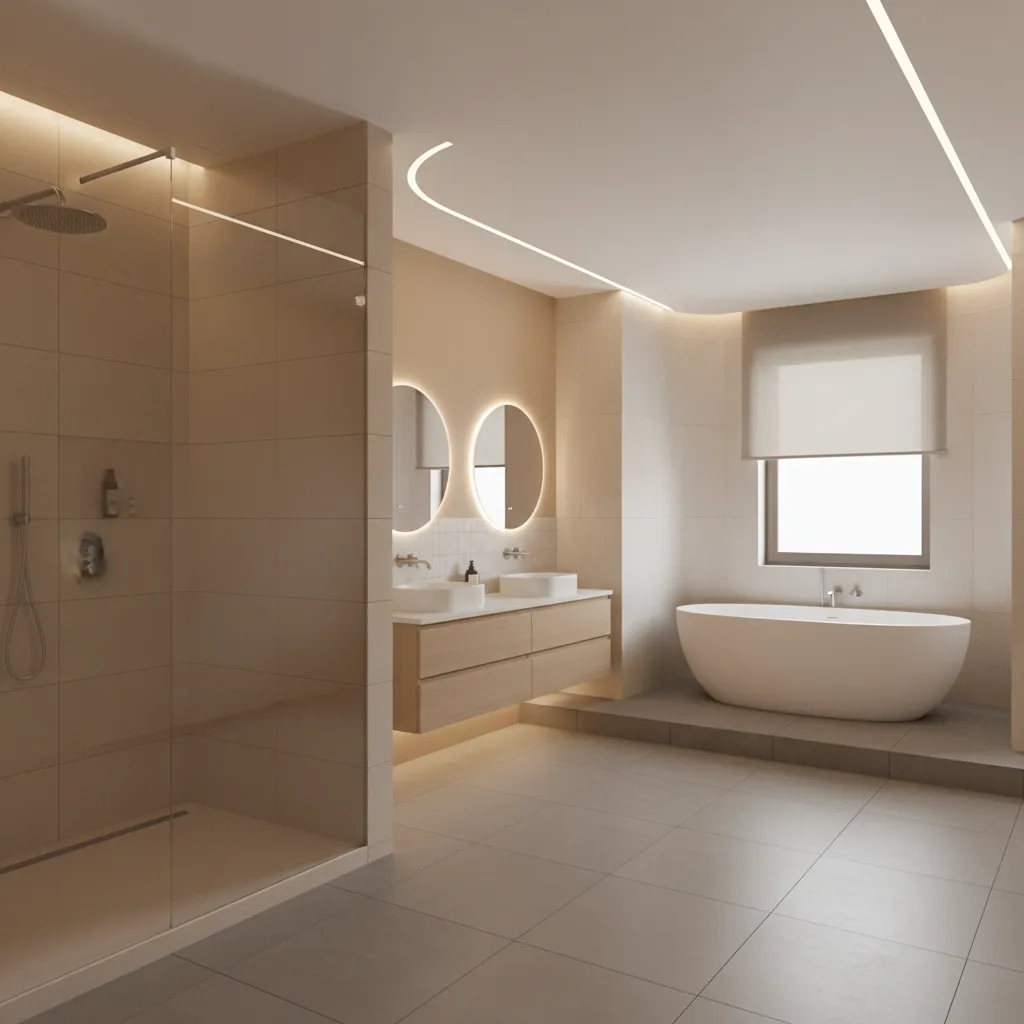 large bathroom demonstrating tile zoning with tiled shower walls and painted upper walls