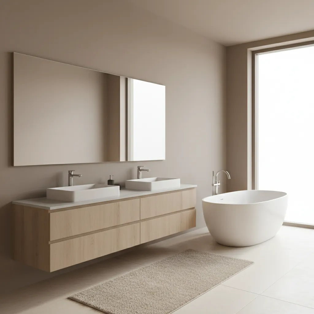 large bathroom wall mirror spanning the width of a modern vanity