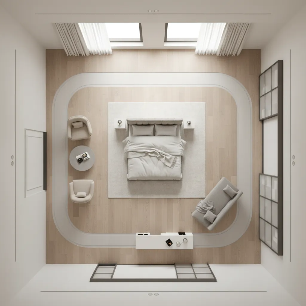 Bedroom layout showing clear walking paths and furniture placement