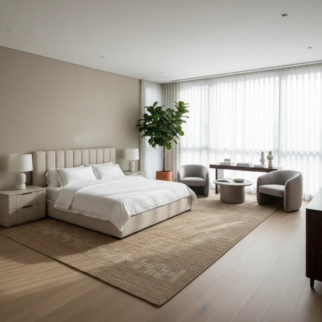 Large bedroom divided into sleeping and seating zones