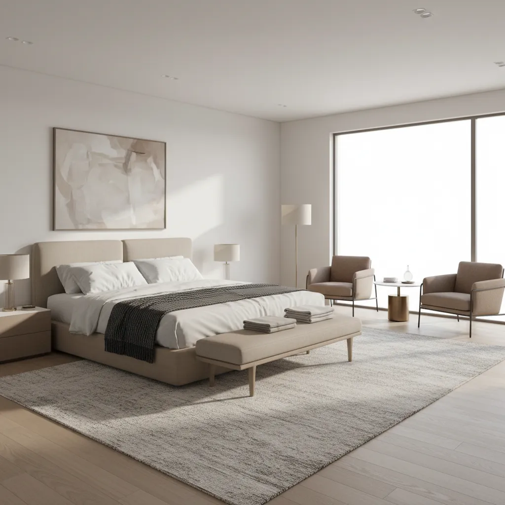 large bedroom layout showing sleeping zone and seating zone arrangement