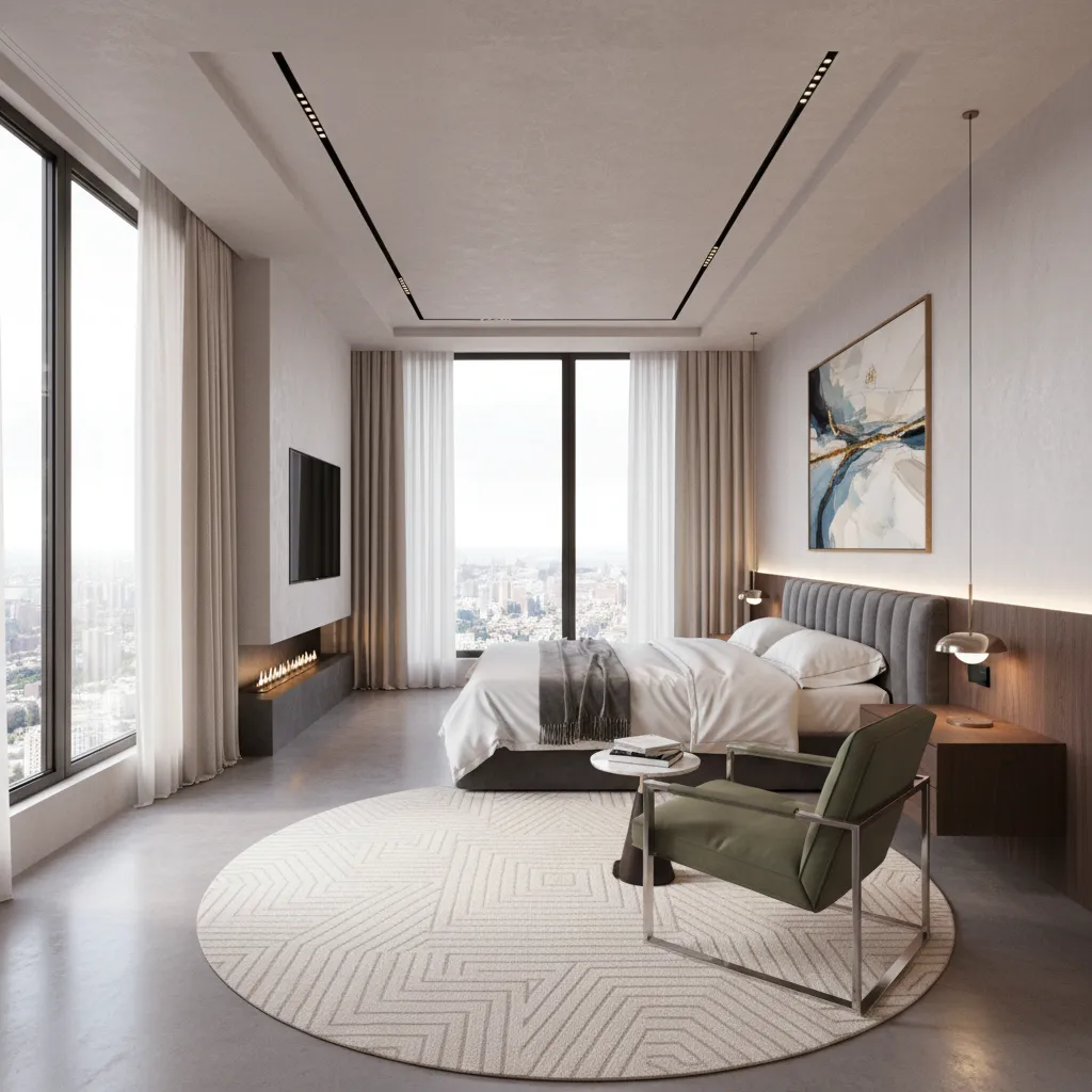 Large luxury bedroom with sleeping area and seating zone