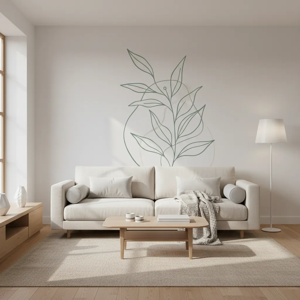 minimalist living room with large botanical wall sticker behind sofa