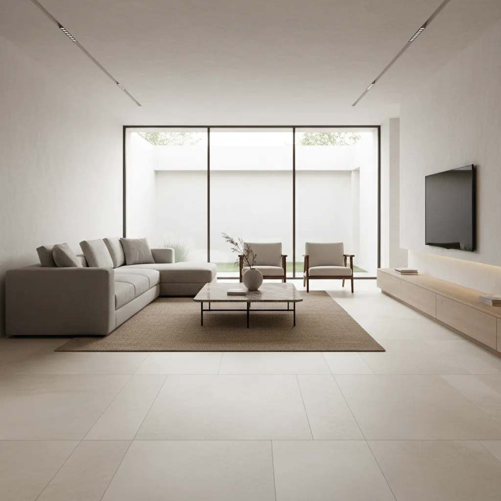 Spacious living room with large neutral ceramic floor tiles