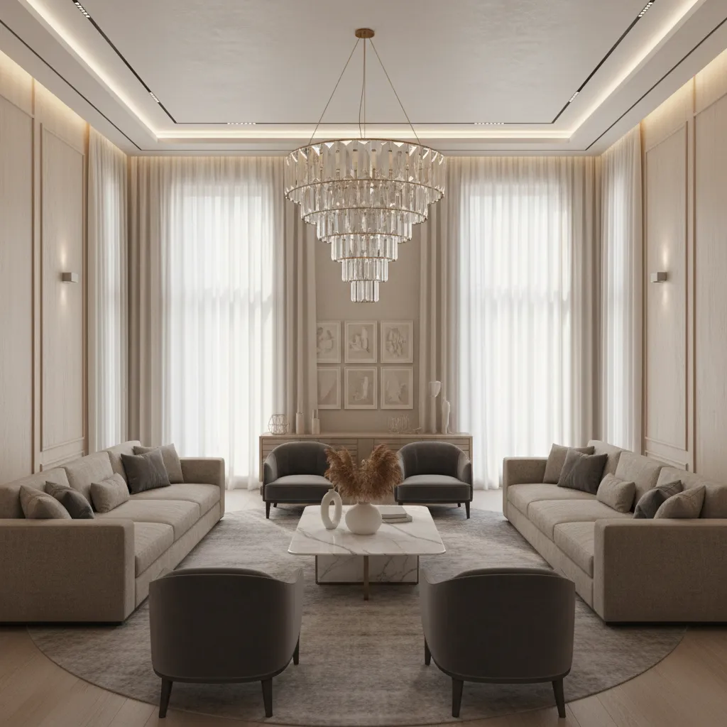 Statement chandelier hanging in a tall luxury living room