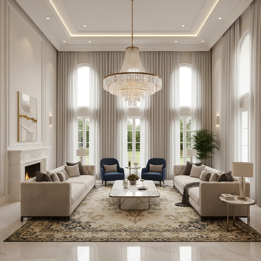 large statement chandelier in a high ceiling living room
