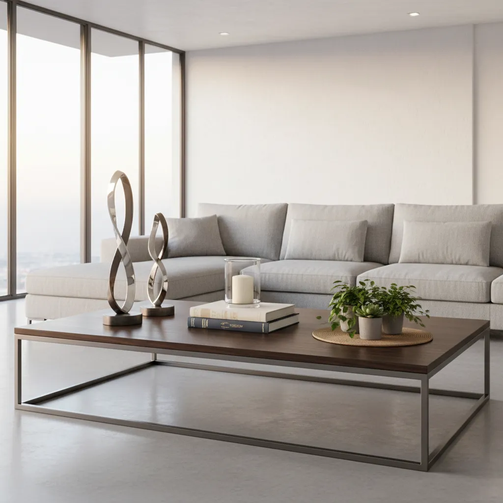 Large coffee table divided into styling zones with sculpture decor