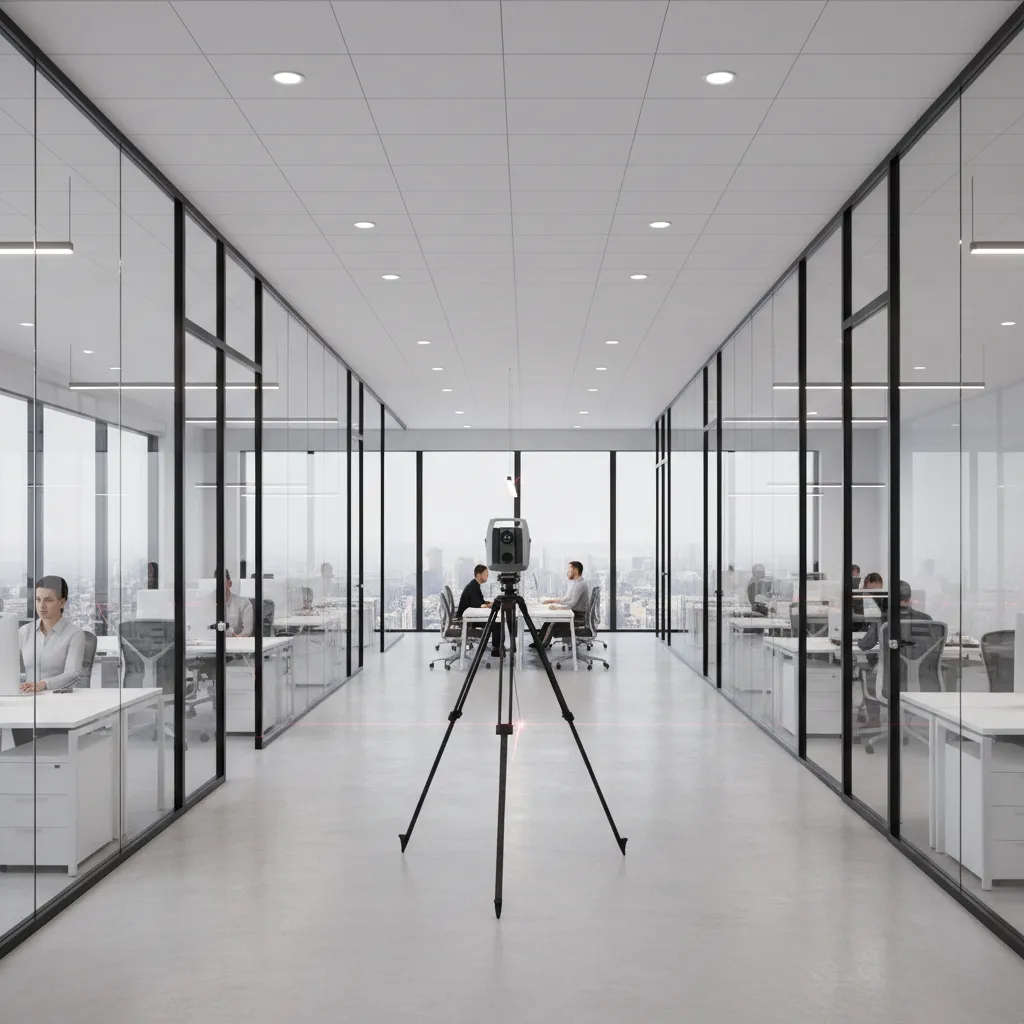 LiDAR scanner capturing a large commercial office interior for detailed spatial mapping