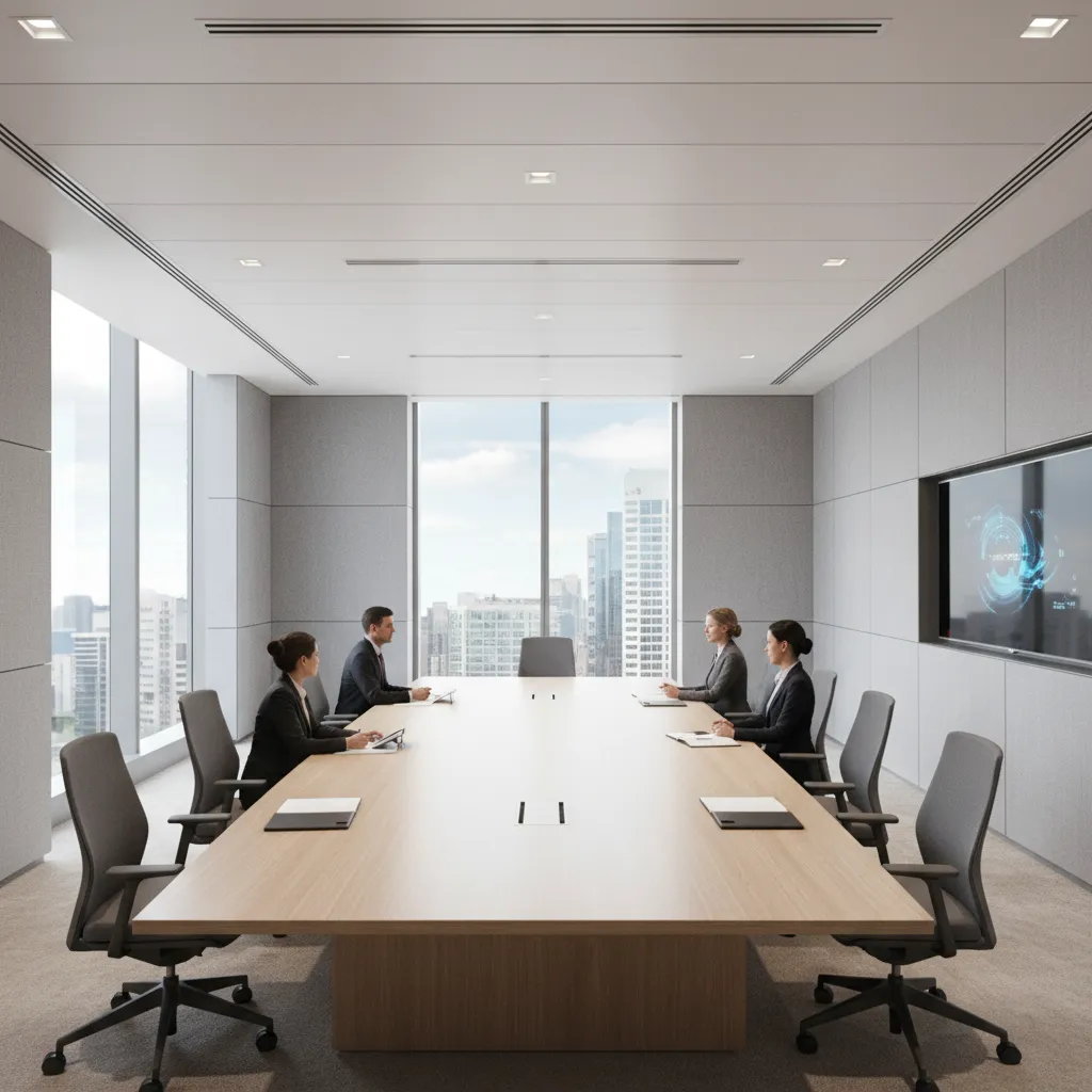 Four business people sitting at long wooden meeting table with grey chairs and city view