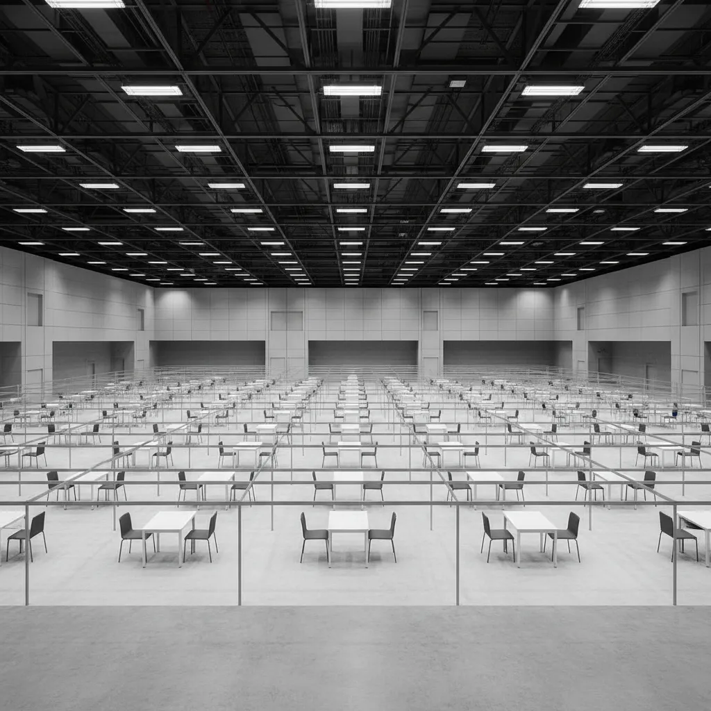 Overview of a large convention hall with booths and wide circulation aisles