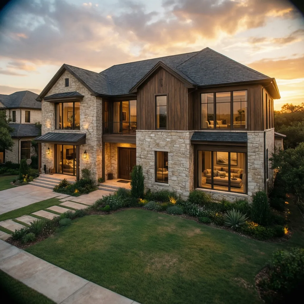 Large luxury custom home exterior in Austin suburb