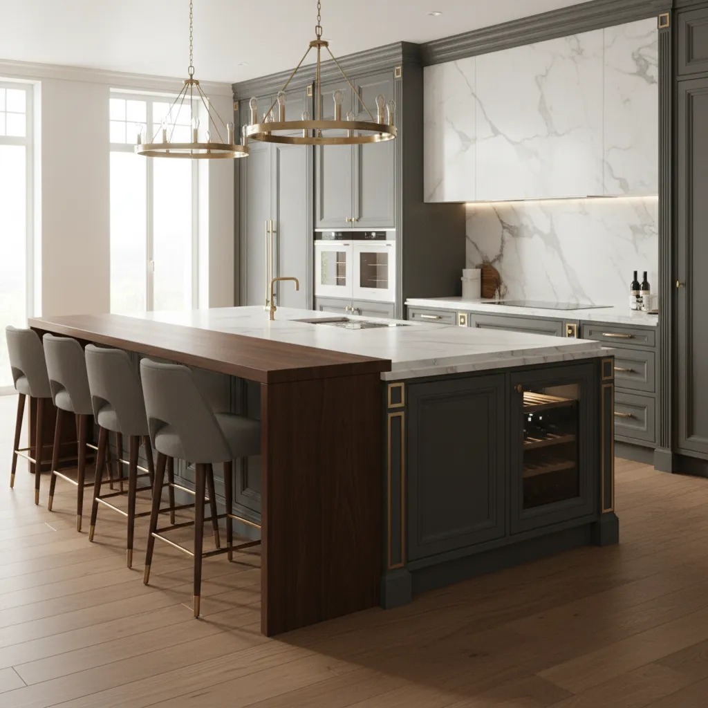 Large custom kitchen island with seating and storage