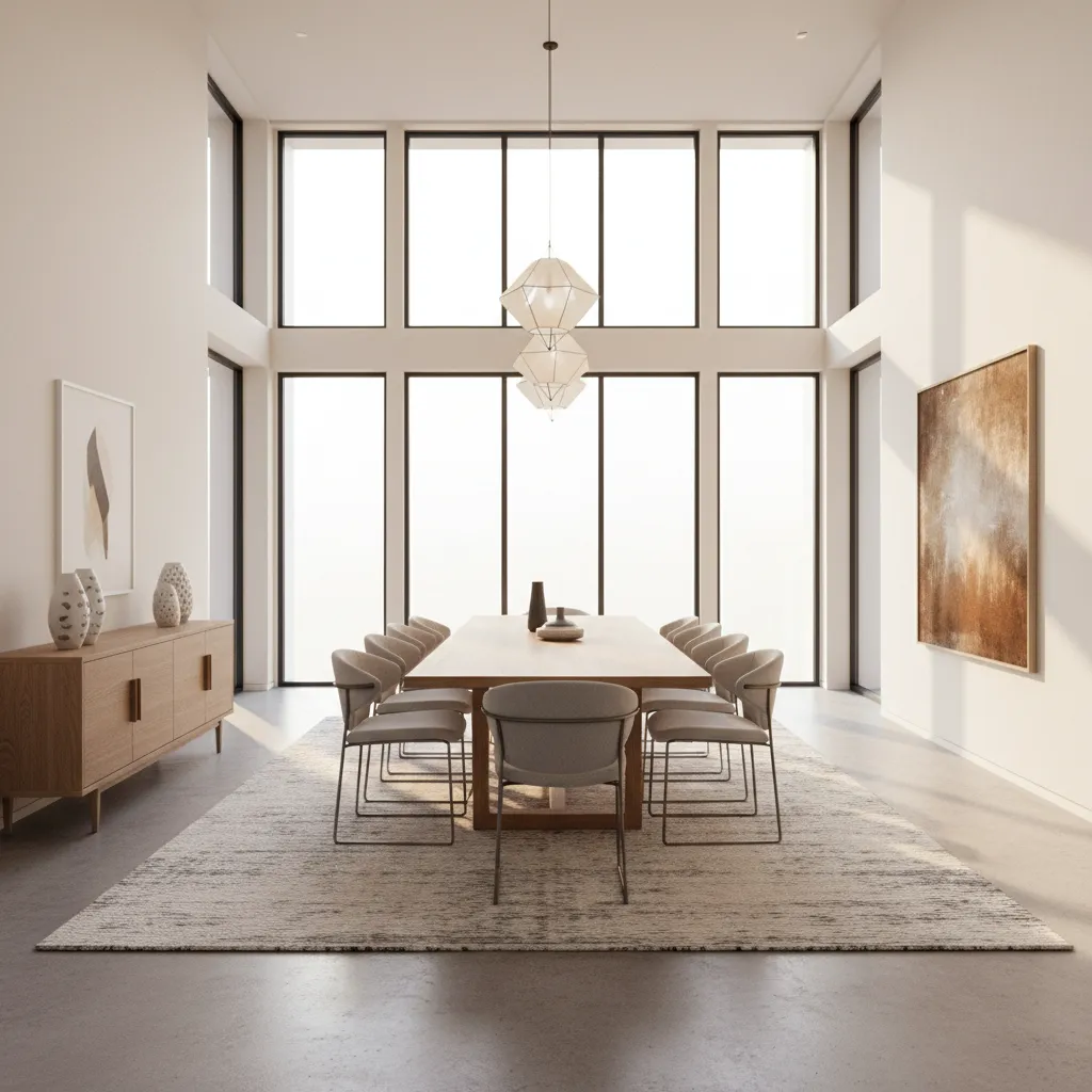 Large dining room with oversized rug anchoring table area