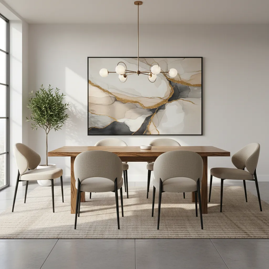 large statement wall art above dining table showing proper scale